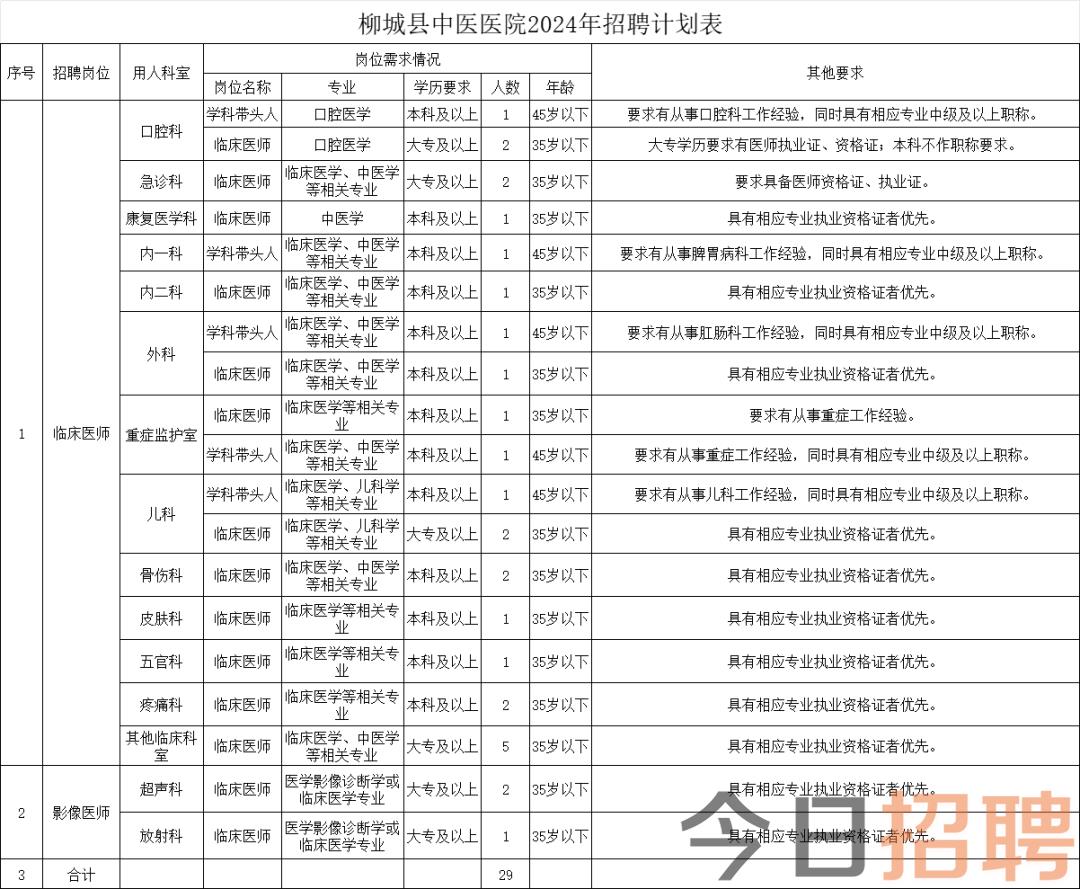 广西柳州柳城县中医医院2024年招聘岗位需求明细表