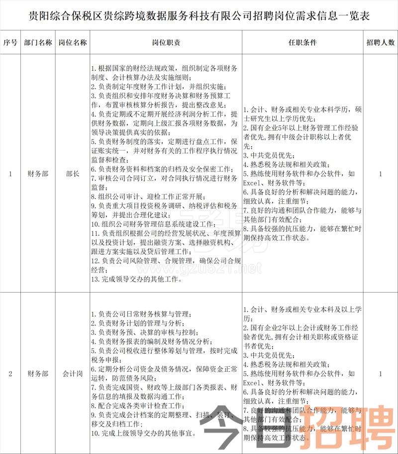 贵阳综合保税区贵综跨境数据服务科技有限公司2024年公开招聘岗位简章