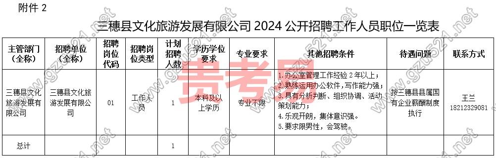 三穗县文化旅游发展有限公司2024年招聘方案