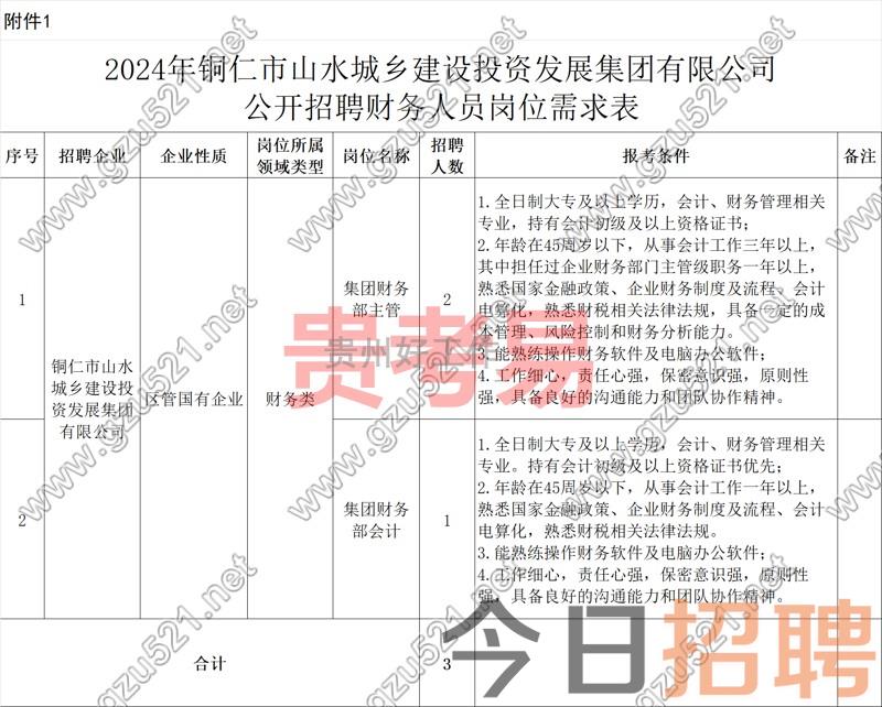 铜仁市山水城乡建设投资发展集团有限公司2024年招聘公告