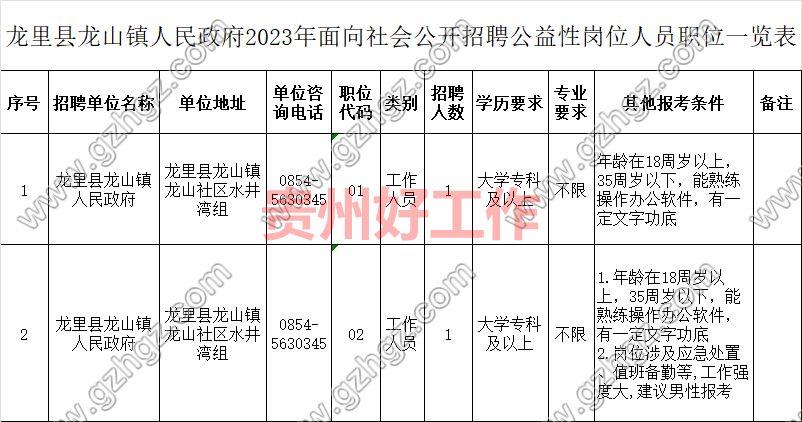 龙里县龙山镇人民政府2023年面向社会公开招聘公益性岗位人员简章