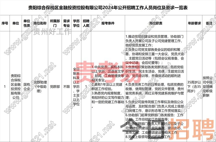 贵阳综合保税区金融投资控股有限公司2024年公开招聘工作人员公告