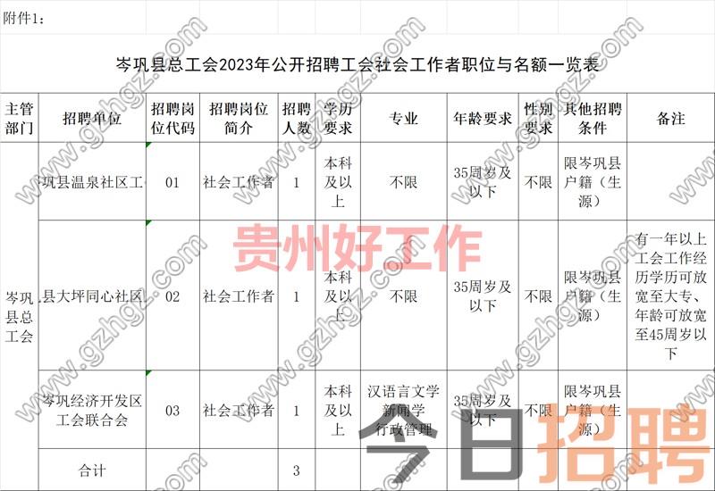 岑巩县总工会2023年公开招聘工会社会工作者实施方案