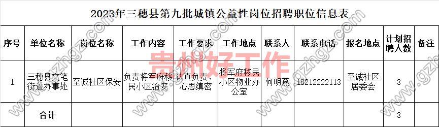 2023年三穗县第九批城镇公益性岗位招聘公告