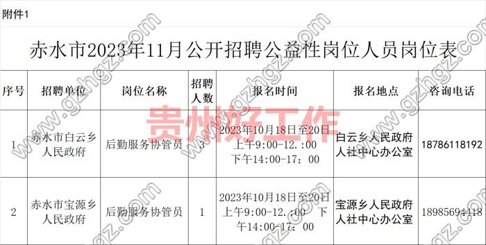 赤水市2023年11月公益性岗位人员招聘公告(二)