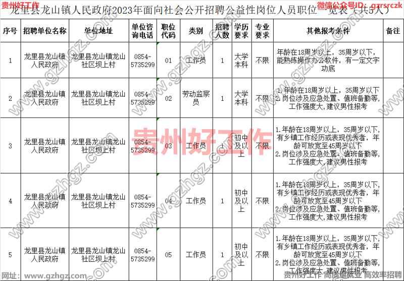 龙里县龙山镇人民政府2023年面向社会公开招聘公益性岗位人员简章