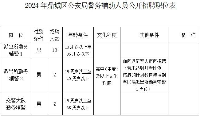 2024年鼎城区公安局警务辅助人员公开招聘职位表