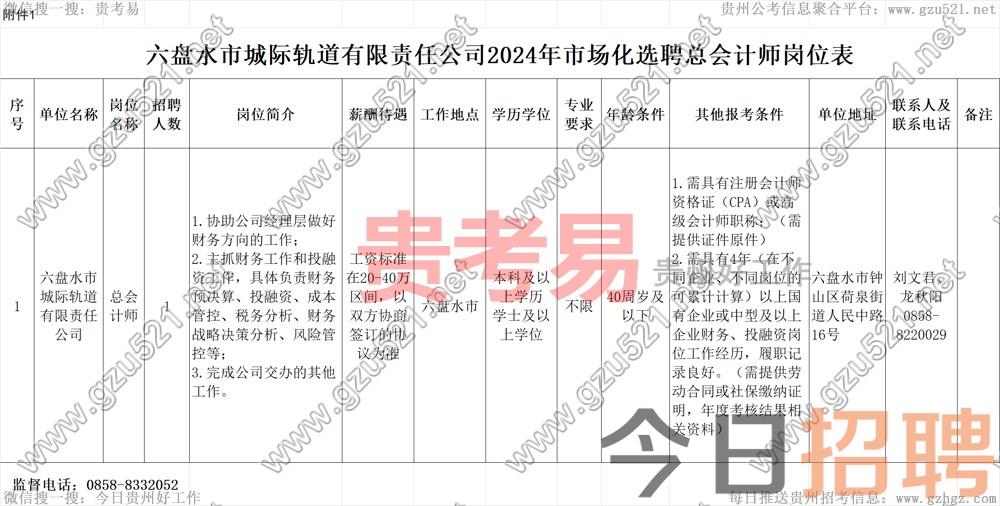 六盘水市城际轨道有限责任公司2024年度市场化选聘总会计师公告